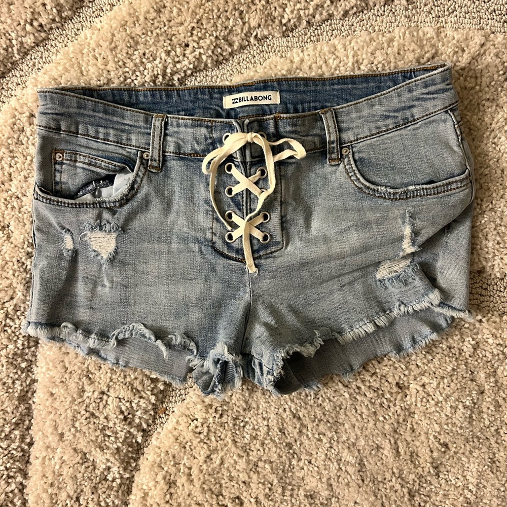 Billabong Lace-Up Distressed Denim Shorts Low Rise Festival Boho